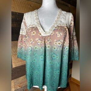 Gimmicks Floral Lace Trim Women's Top - Green and Brown, Size Small